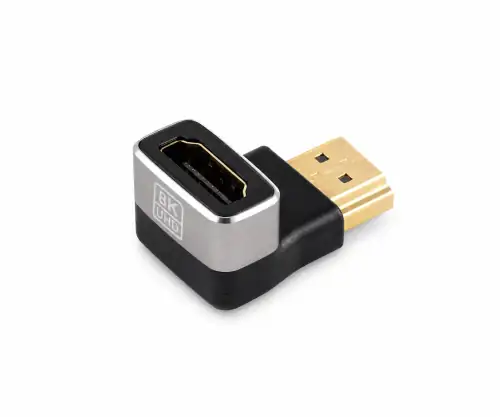 DINIC HDMI-A-sovitin, 90° kulma ylhäällä, 8K, metallinen HDMI-A-pistorasia pistokkeeseen, 8K 60Hz / 4K 120Hz, DINIC-kotelo, jossa on euroreikä